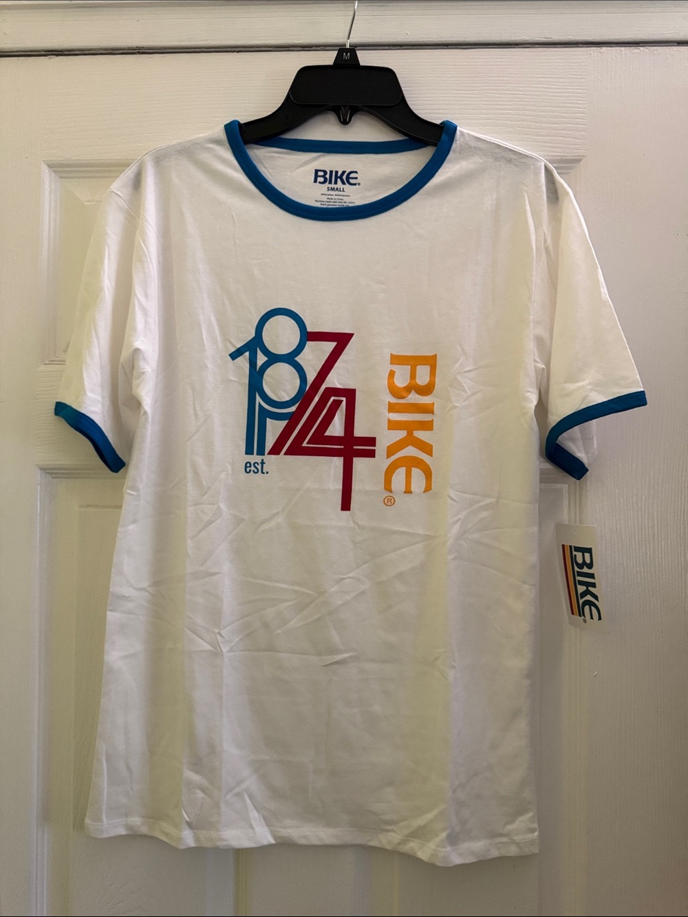 NWT MEN’s BIKE White Ringer Tee with Multicolor Logo size SMALL (36-38)
